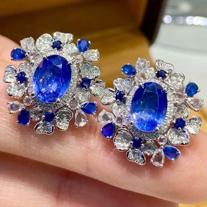 14k Gold 3.5 Ct Natural Sapphire & Diamond Earrings - 2
