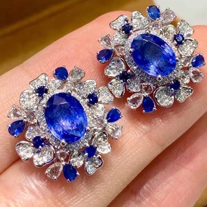 14k Gold 3.5 Ct Natural Sapphire & Diamond Earrings - 3