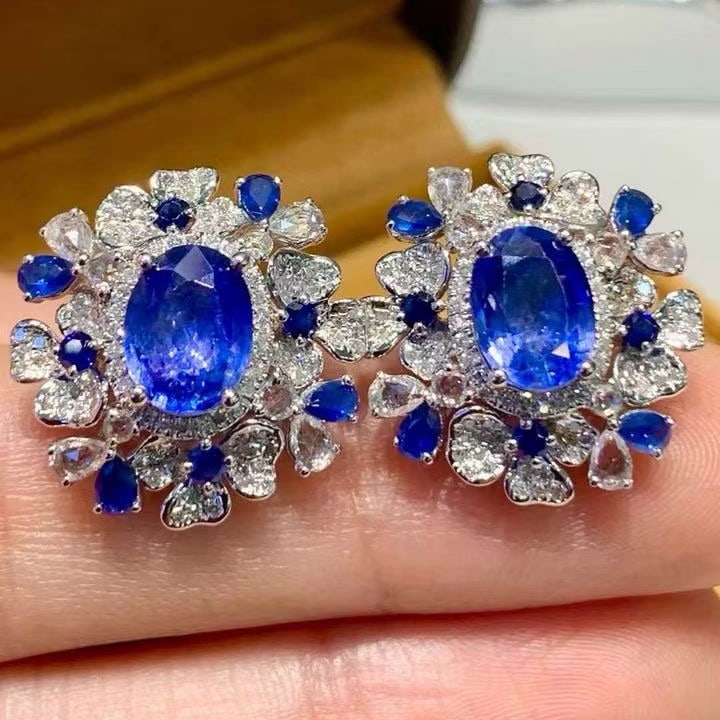 14k Gold 3.5 Ct Natural Sapphire & Diamond Earrings - 4