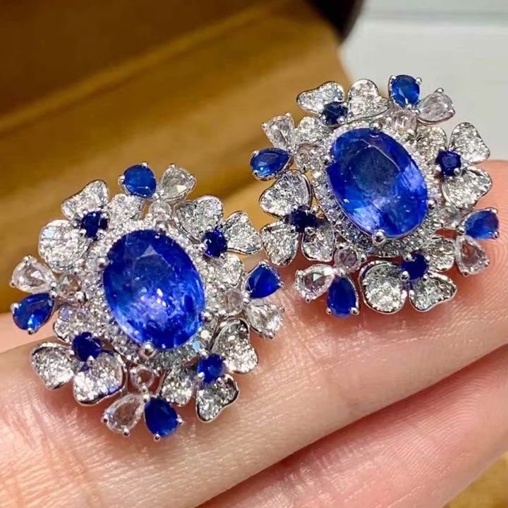 14k Gold 3.5 Ct Natural Sapphire & Diamond Earrings - 6