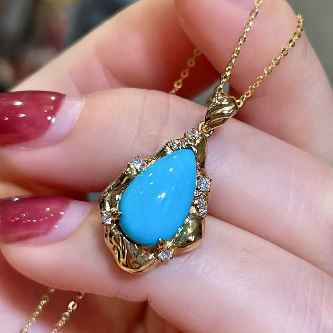 14k Gold 3.21 Ctw Natural Blue Turquoise & Diamond Pendant( Without Chain ) - 2