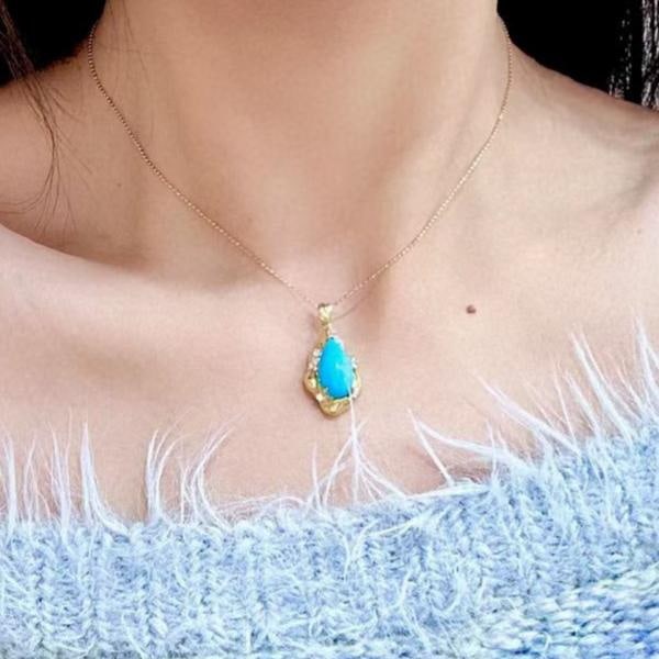 14k Gold 3.21 Ctw Natural Blue Turquoise & Diamond Pendant( Without Chain ) - 4