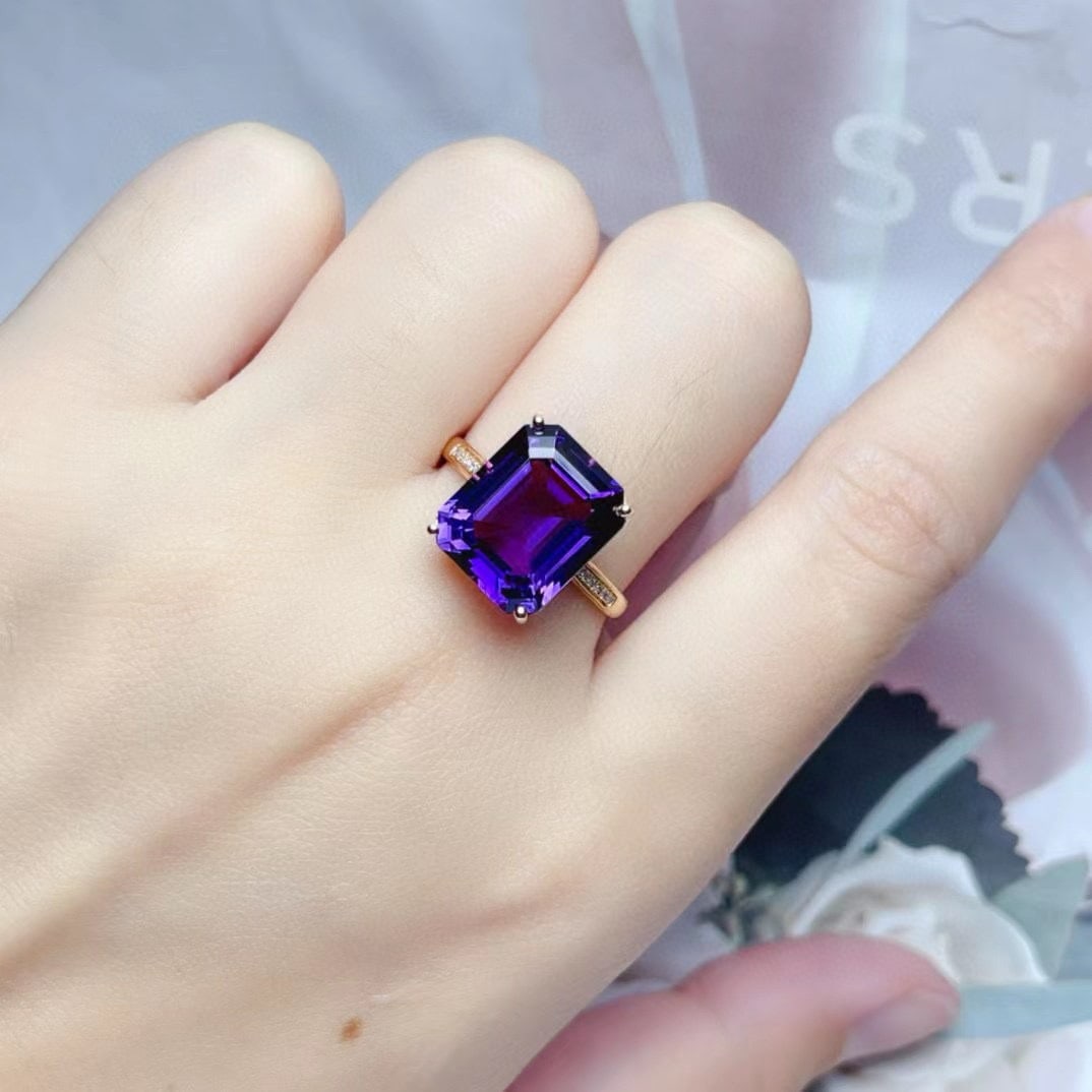 14k Gold 6.15 Ct Natural Amethyst & Diamond Ring - 6