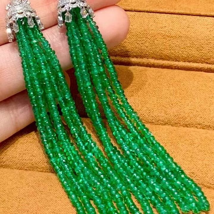 14k Gold 41 Ct Natural Emerald & Diamond & Sapphire Earrings - 2