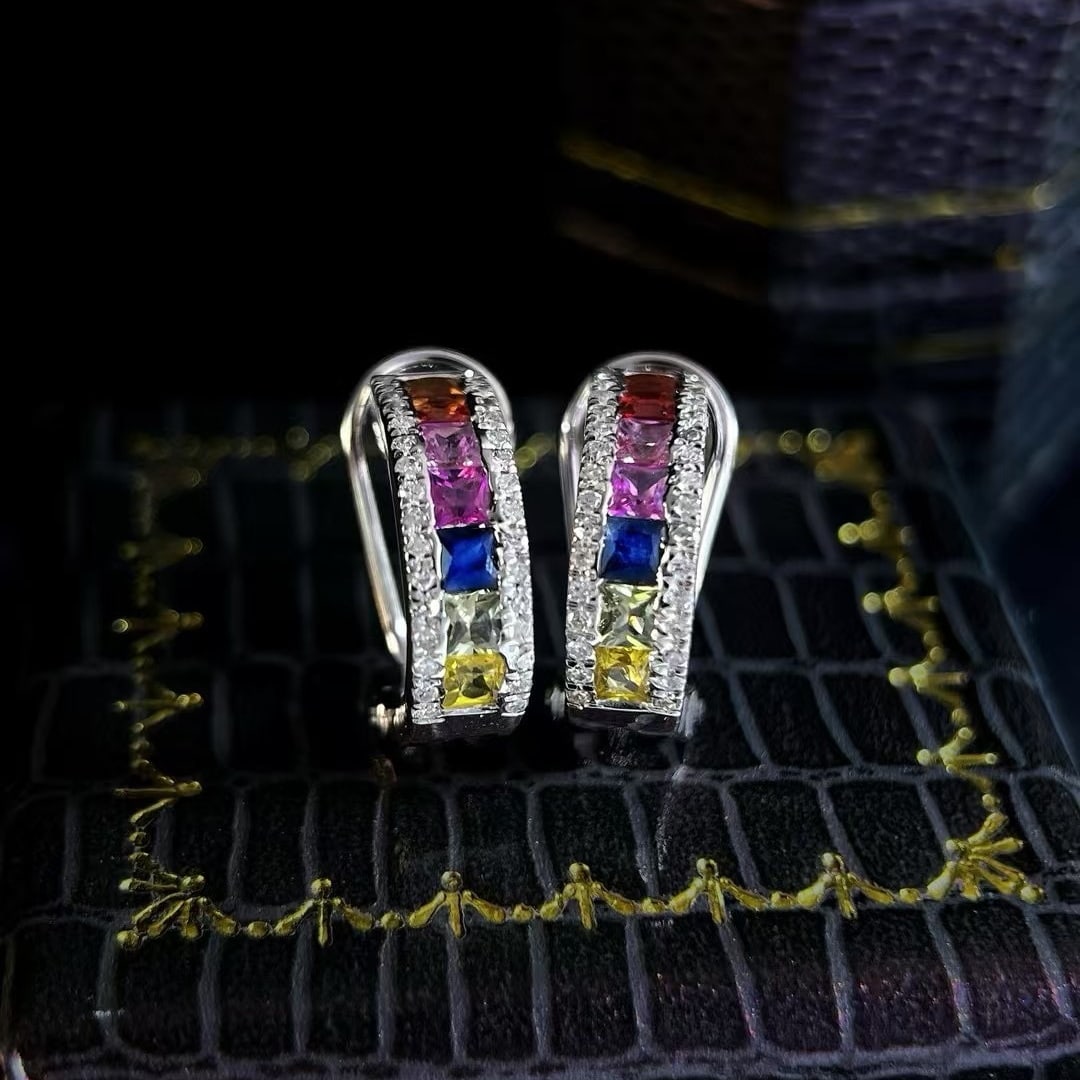 14k Gold 1.68 Ctw Natural Coloured Gemstone & Diamond Earrings: Ref:231133226 // gold content:14k gold // main gemstone:coloured gemstone // shape:princess // carat weight:1. 4ct // color:color // treatment:natural // // adjacent gemstone 2 : diamond //