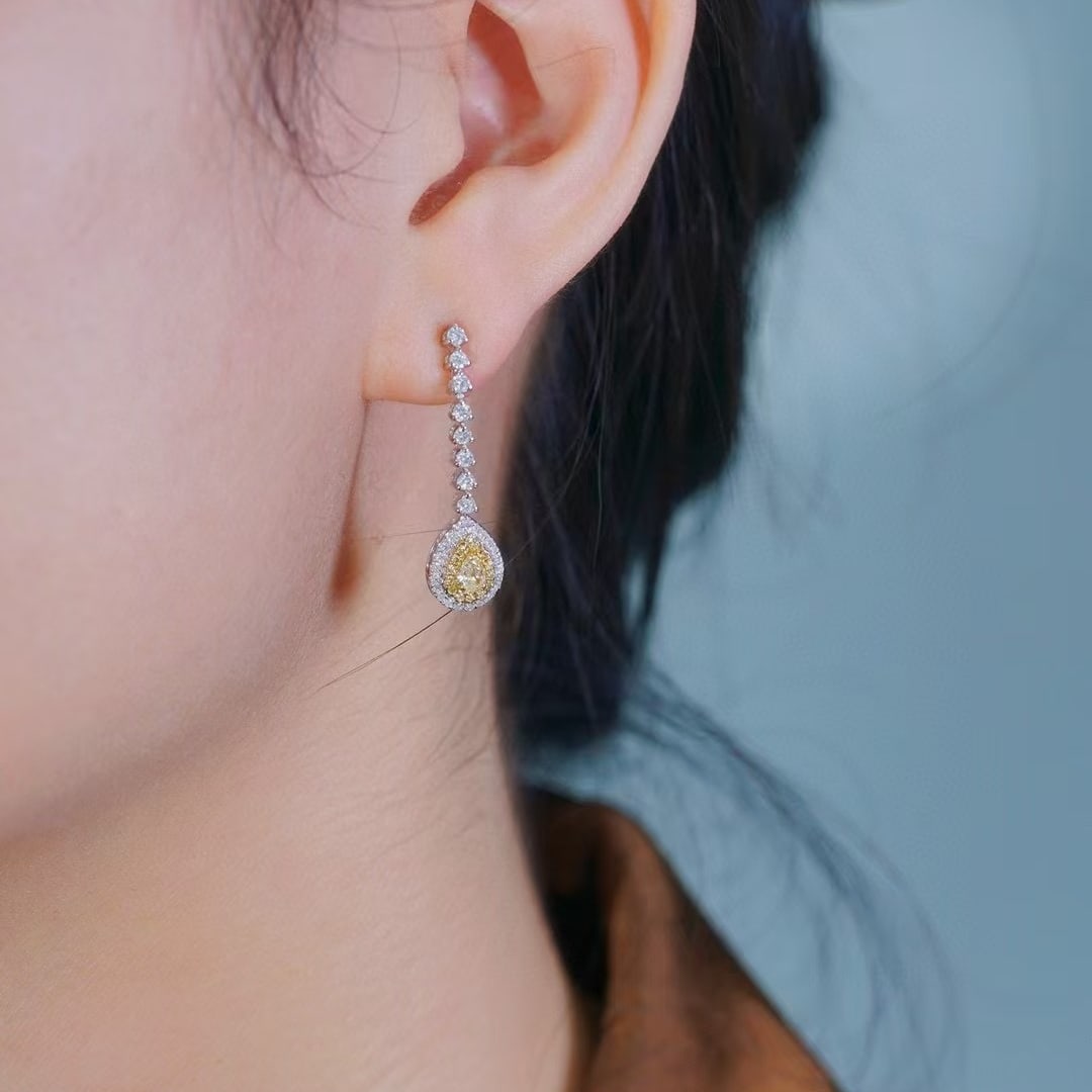 14k Gold 1.00 Ctw Natural Yellow Diamond & Diamond Earrings - 8