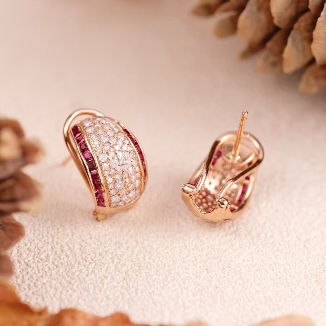 14k Gold 1.26 Ct Natural Ruby & Diamond Earrings - 2