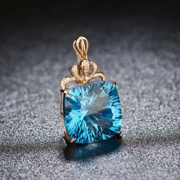 14k Gold 30.26 Ct Natural Topaz & Diamond Pendant( Without Chain ) - 2