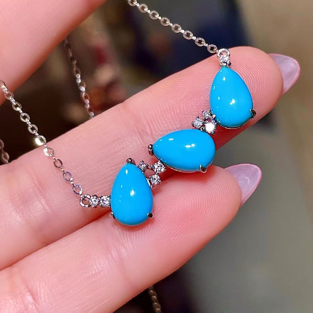 14k Gold 4.13 Ctw Natural Blue Turquoise & Diamond Necklace - 2