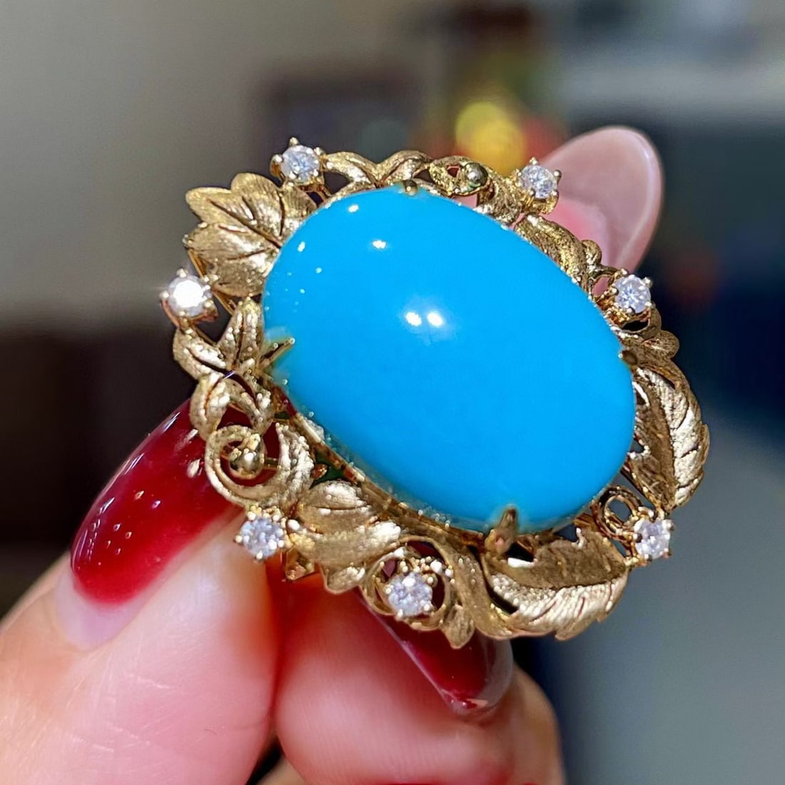 14k Gold 9.36 Ctw Natural Blue Turquoise & Diamond Ring - 2