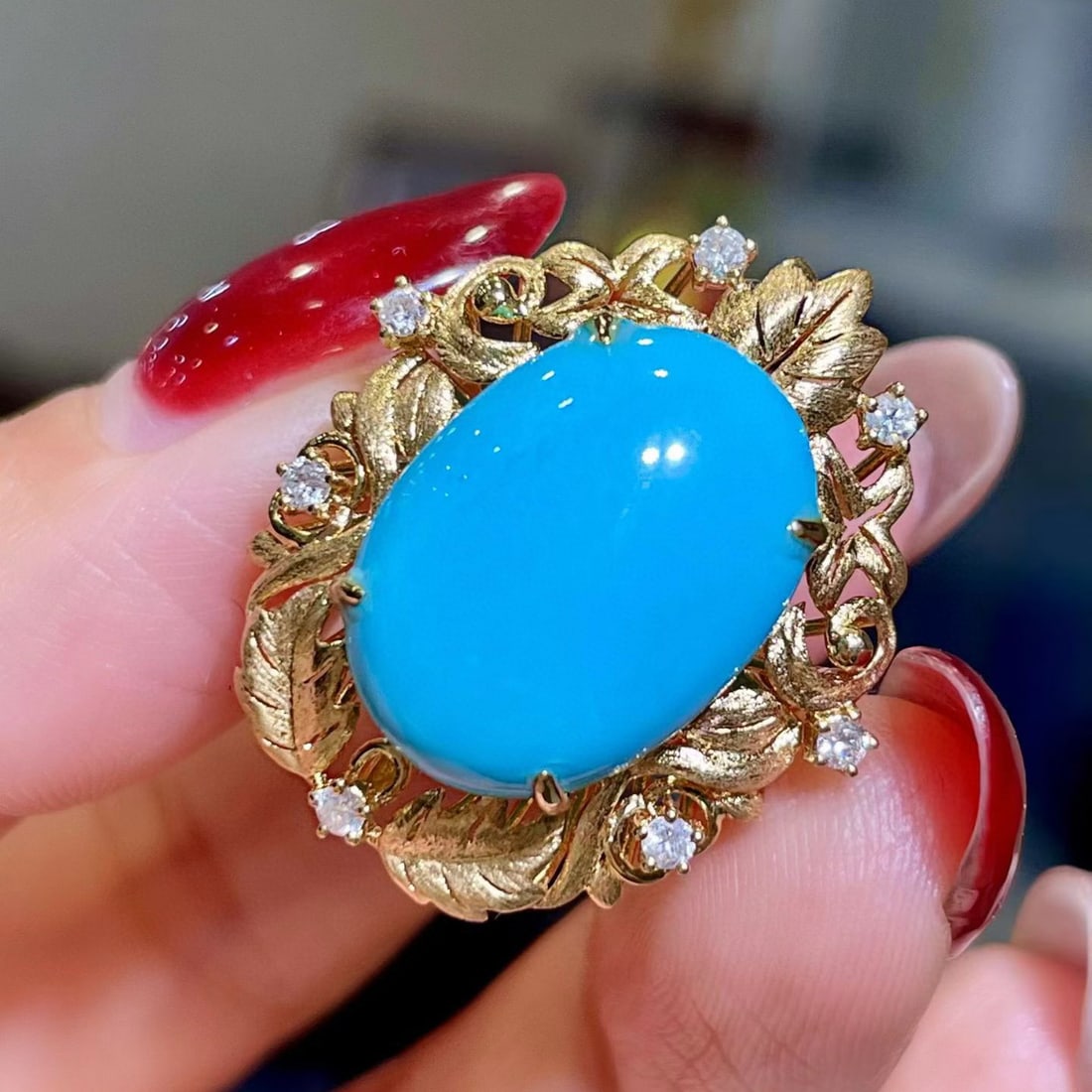 14k Gold 9.36 Ctw Natural Blue Turquoise & Diamond Ring - 3