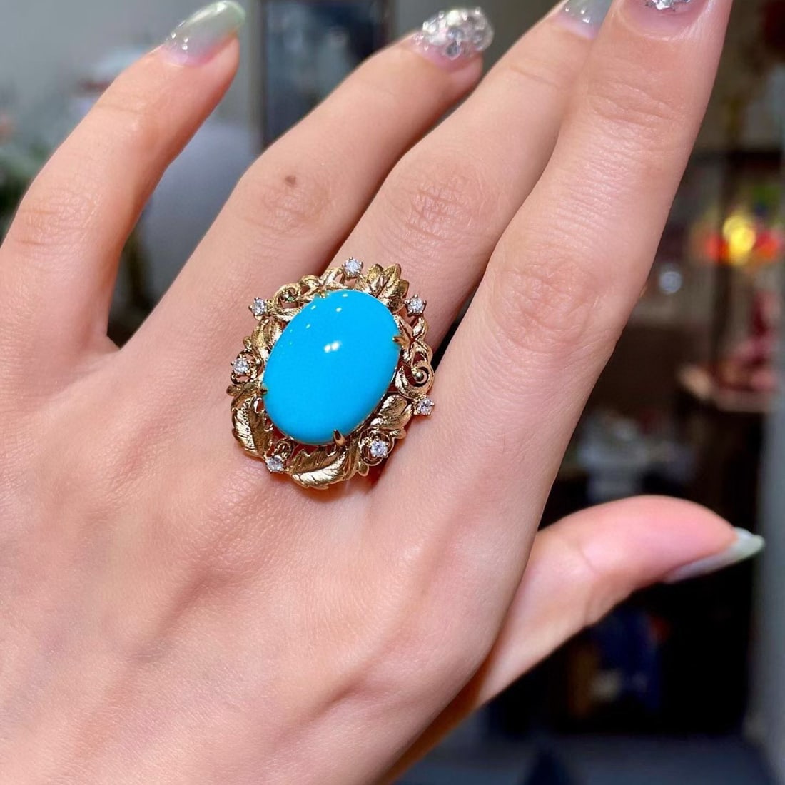 14k Gold 9.36 Ctw Natural Blue Turquoise & Diamond Ring - 4