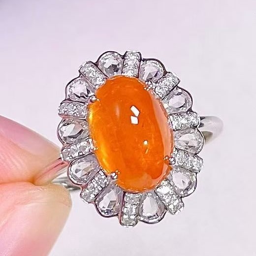 14k Gold 5.55 Ctw Natural Spessartine & Diamond & Sapphire Ring: Ref:231133245 // gold content:14k gold // ring size:7. 25us // // main gemstone:spessartine // shape:oval // carat weight:5. 05ct // color:orange // treatment:natural // // adjacent gemstone 2 :