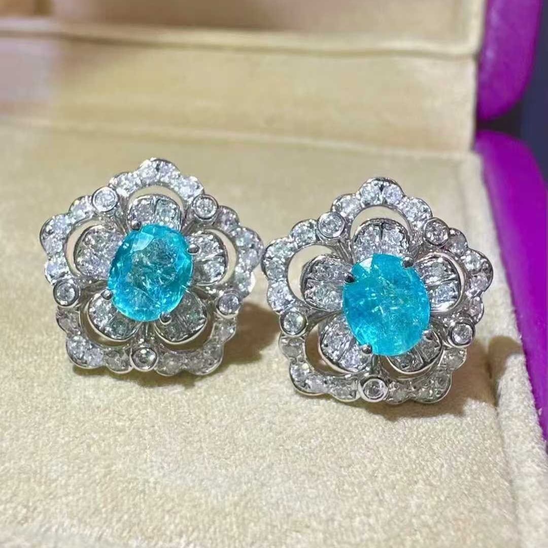 14k Gold 1.32 Ctw Natural Paraiba Tourmaline & Diamond Earrings - 2