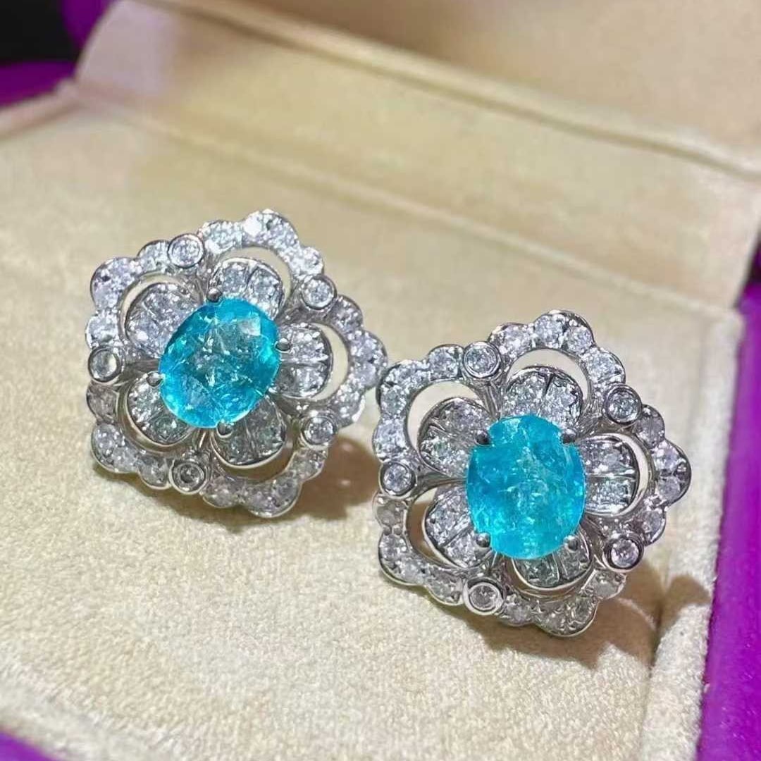 14k Gold 1.32 Ctw Natural Paraiba Tourmaline & Diamond Earrings - 3