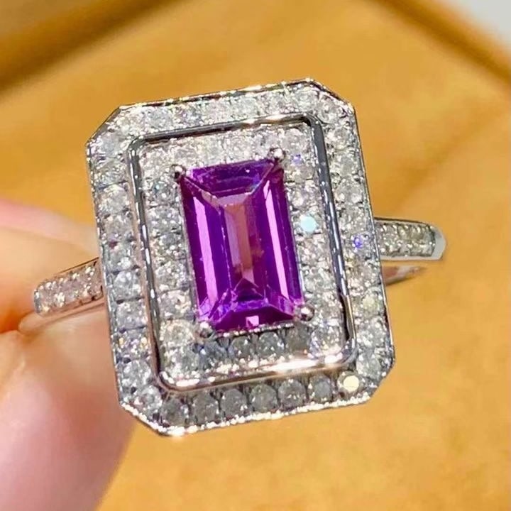 14k Gold 0.80 Ct Natural Sapphire & Diamond Ring: Ref:231133257 // gold content:14k gold // ring size:7. 25us // // main gemstone:sapphire // shape:rectangle // carat weight:0. 80ct // color:purple // treatment:natural // // adjacent gemstone 2 :