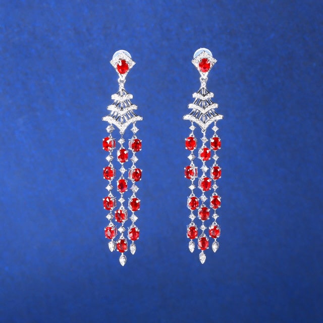 14k Gold 5.90 Ctw Natural Ruby & Diamond Earrings: Ref:231134016 // gold content:14k gold // main gemstone:ruby // shape:oval // carat weight:5. 35ct // color:red // treatment:natural // // adjacent gemstone 2 : diamond // number of stones:108 //