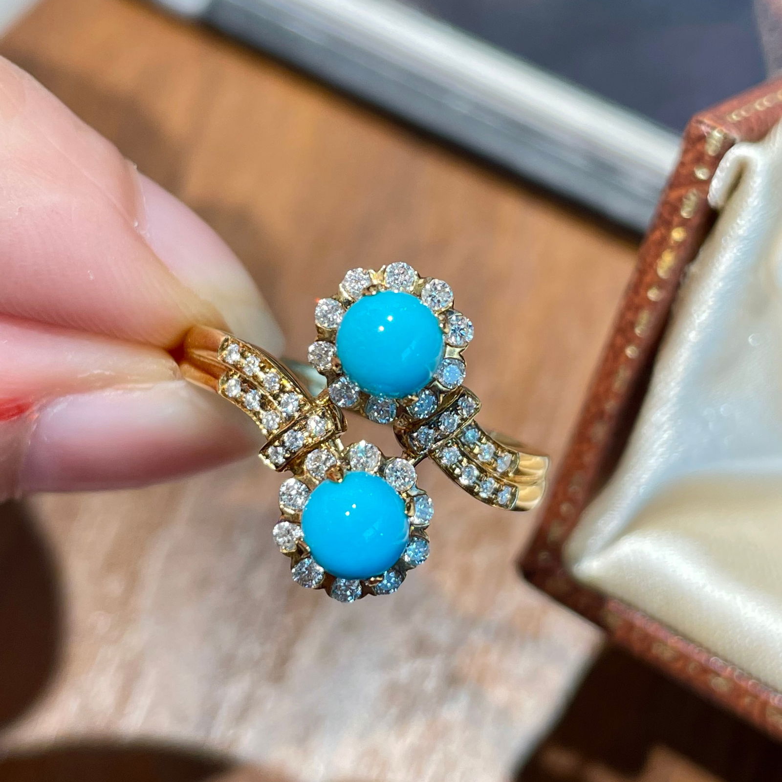 14k Gold 1.2 Ct Natural Blue Turquoise & Diamond Ring - 7