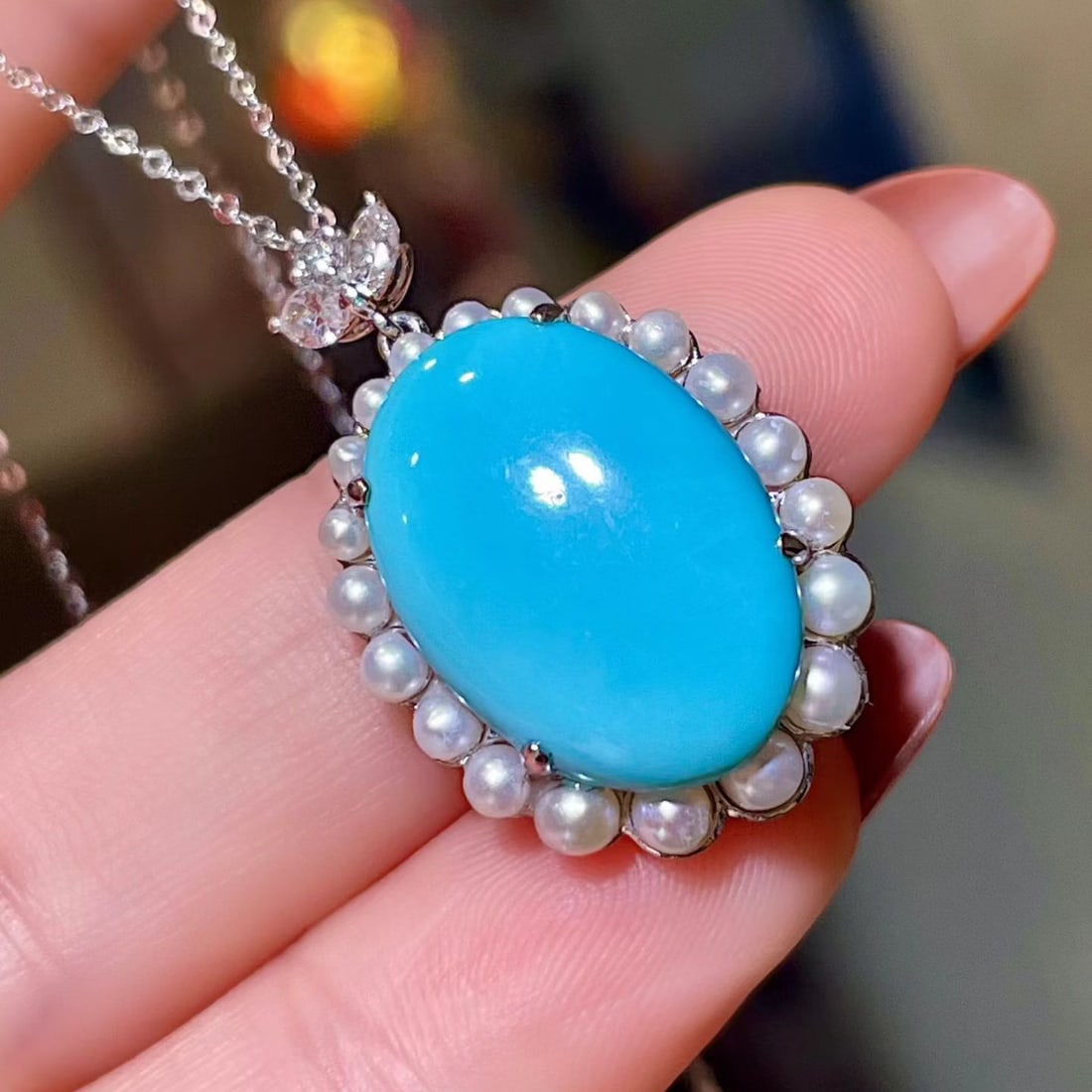 14k Gold 7.52 Ct Natural Blue Turquoise & Diamond Pendant( Without Chain ) - 2