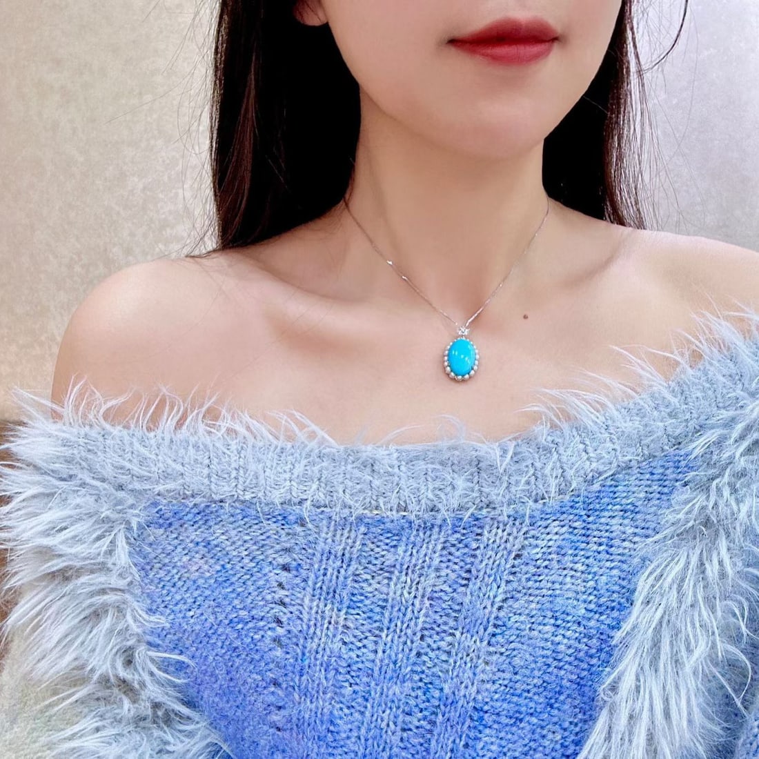 14k Gold 7.52 Ct Natural Blue Turquoise & Diamond Pendant( Without Chain ) - 4