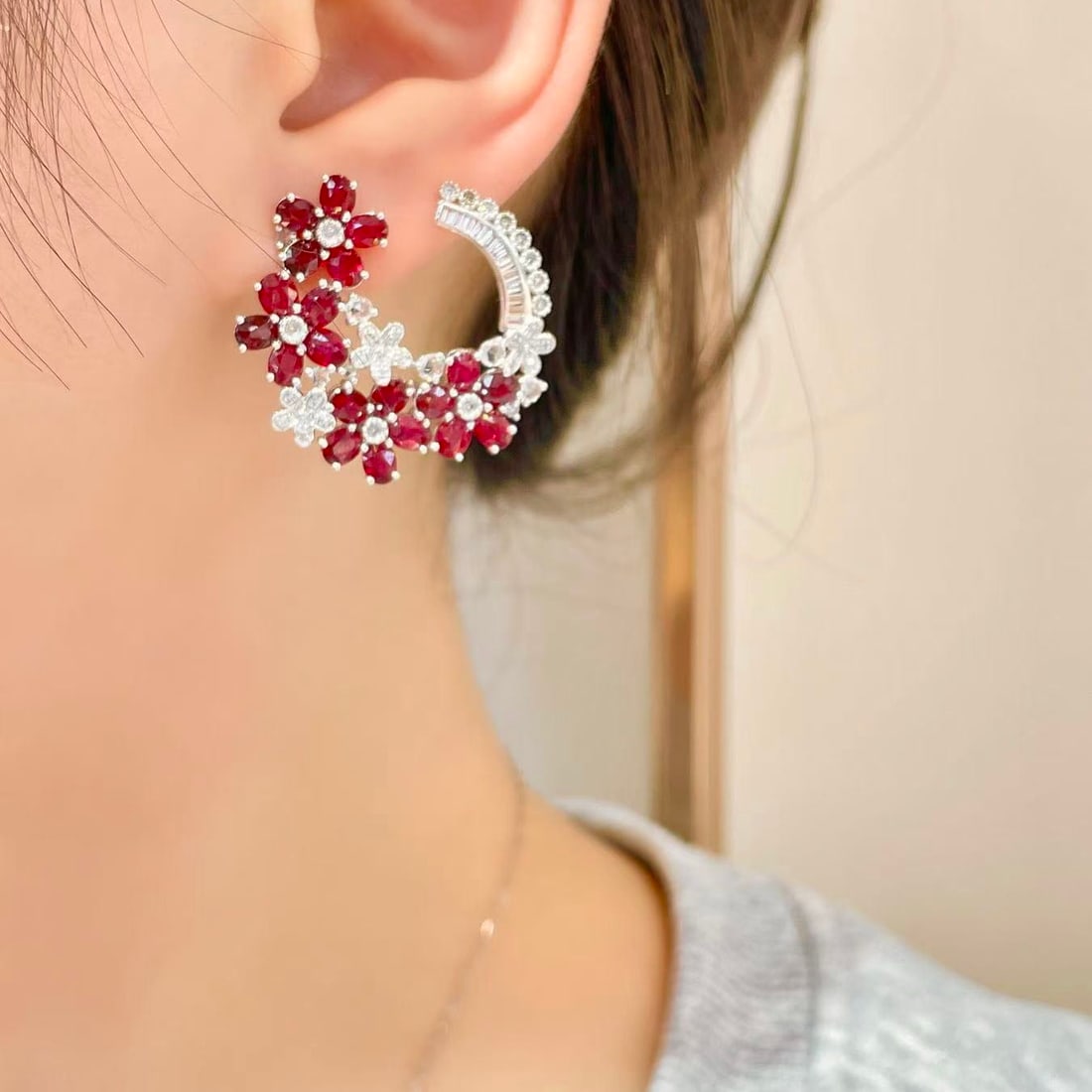 14k Gold 7 Ct Natural Ruby & Diamond & Sapphire Earrings - 5