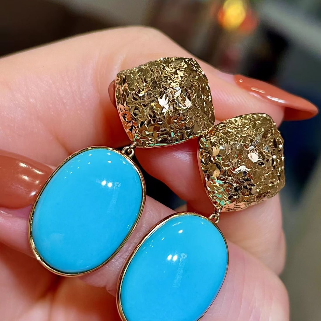 14k Gold 16.6 Ct Natural Blue Turquoise Earrings - 3