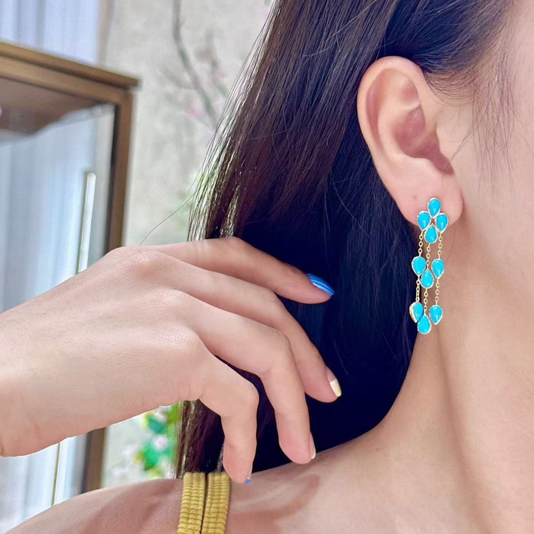 14k Gold 8.0 Ct Natural Blue Turquoise Earrings - 2