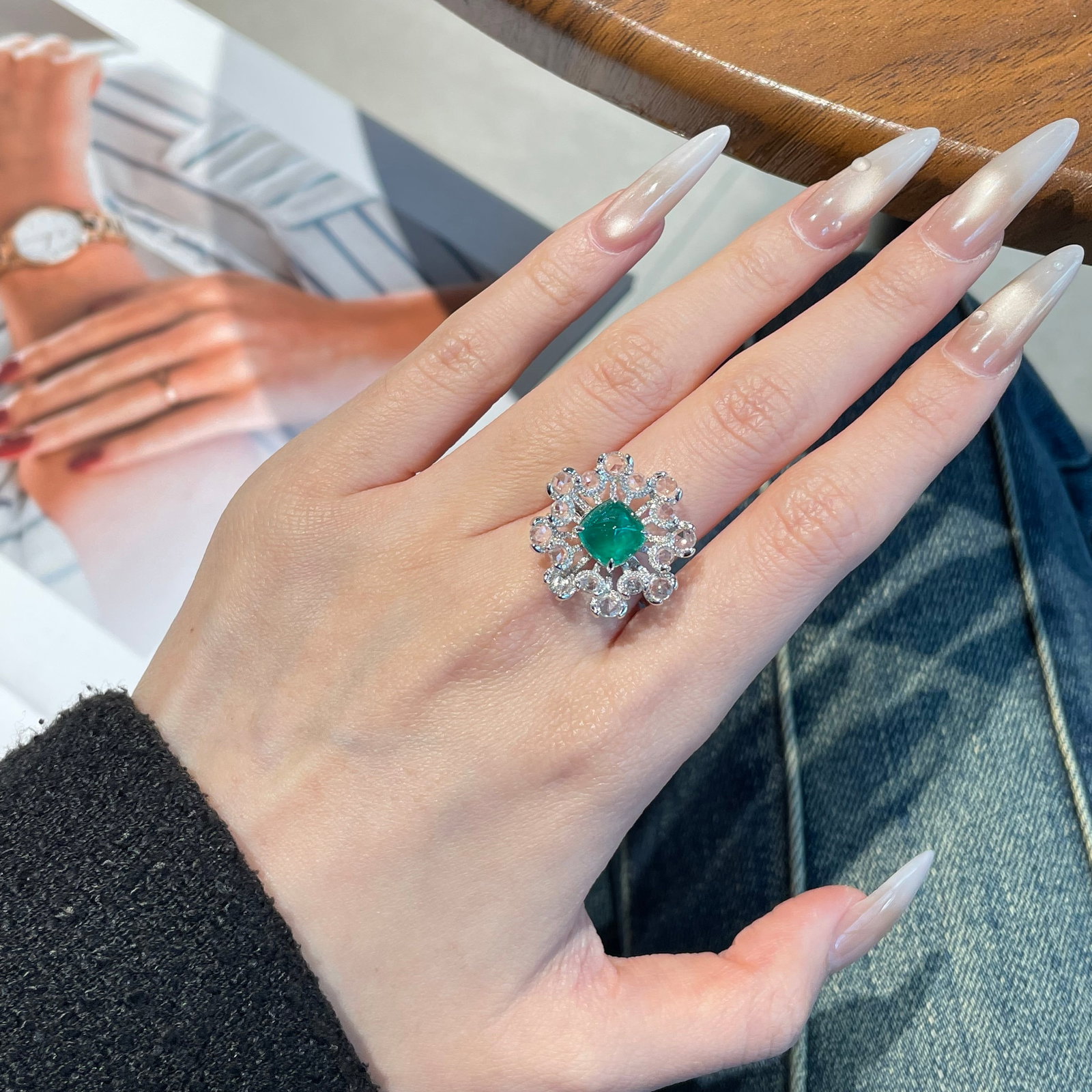 14k Gold 2.1 Ct Natural Emerald & Sapphire & Diamond Ring/pendant( Without Chain ) - 2