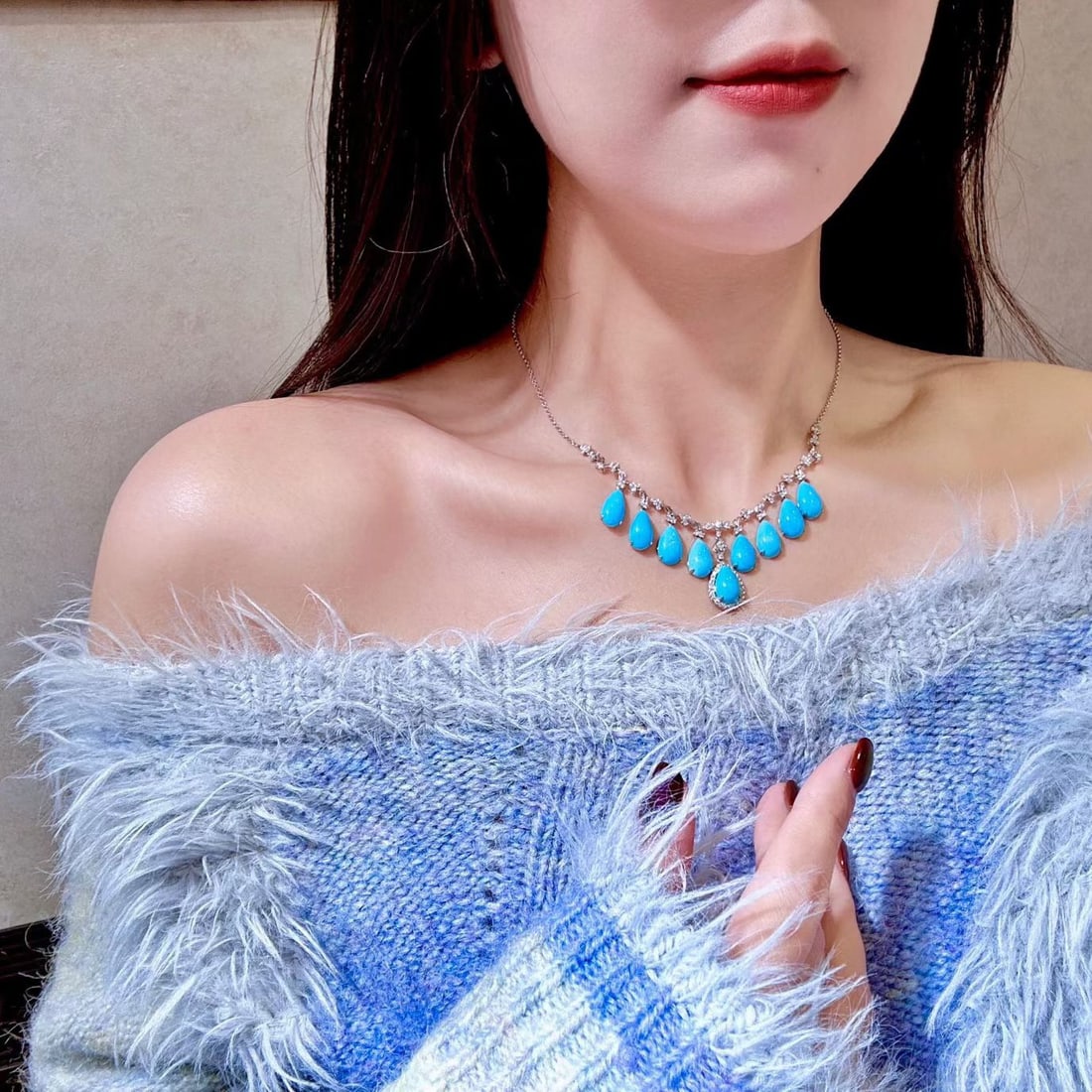 14k Gold 24.76 Ctw Natural Blue Turquoise & Diamond Necklace - 6