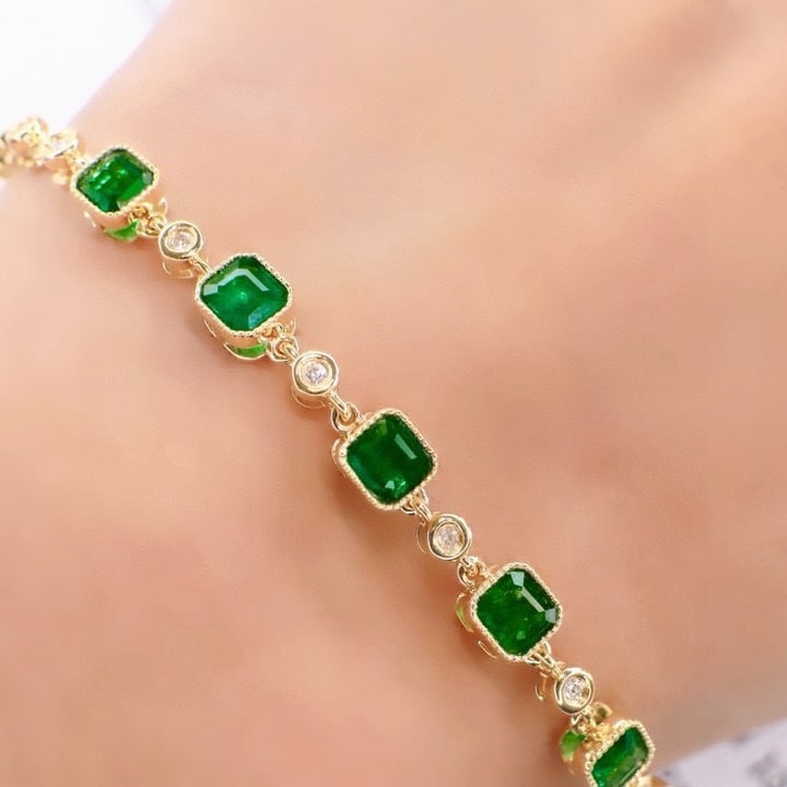 14k Gold 1.77 Ctw Vivid Green Natural Emerald & Diamond Bracelet - 4