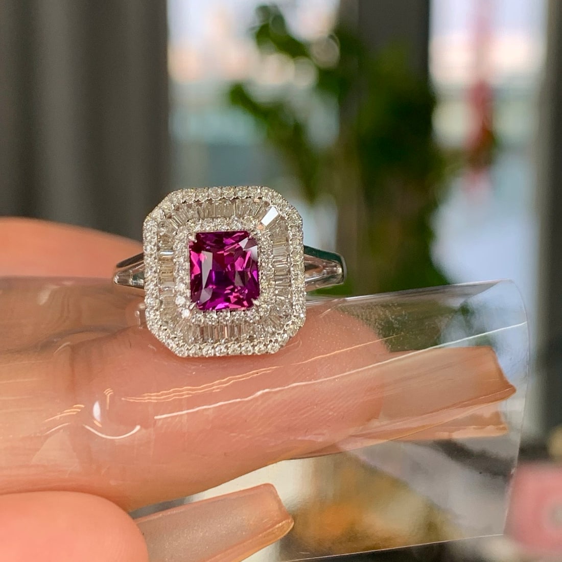 14k Gold 1.70 Ctw Natural Sapphire & Diamond Ring: Ref:231134191 // gold content:14k gold // ring size:7. 25us // // main gemstone:sapphire // shape:octagonal // carat weight:1. 18ct // color:purple // treatment:natural // // adjacent gemstone 2 :