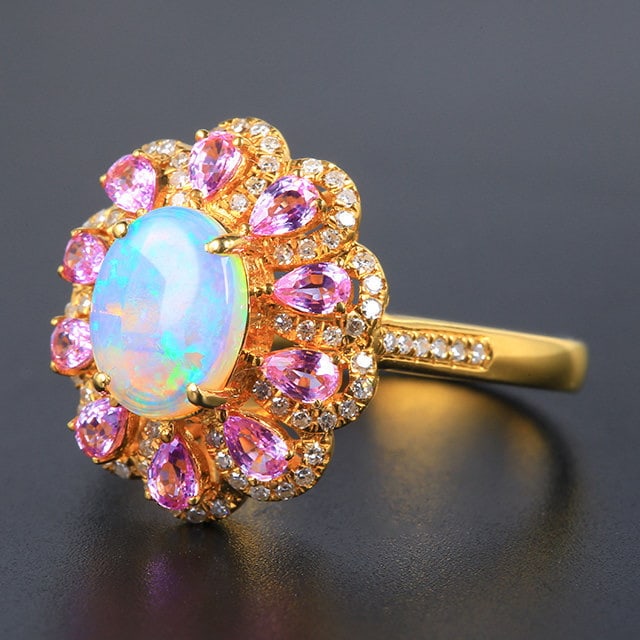 14k Gold 0.94 Ctw Natural Opal & Diamond Ring - 2