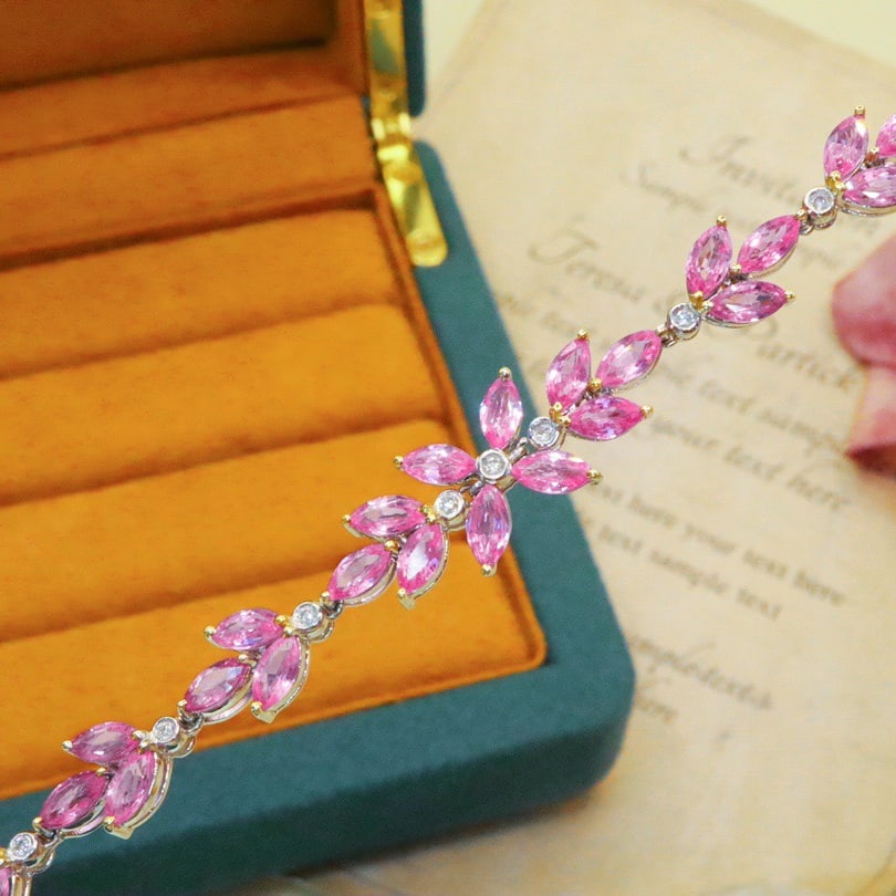 14k Gold 5.19 Ctw Natural Padparadscha Sapphire & Diamond Bracelet - 2