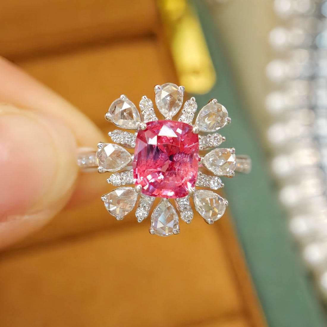 14k Gold 2.22 Ctw Natural Spinel & Diamond Ring: Ref:231134225 // gold content:14k gold // ring size:7. 25us // // main gemstone:spinel // shape:cushion // carat weight:1. 59ct // color:pink // treatment:natural // // adjacent gemstone 2 : diamond /