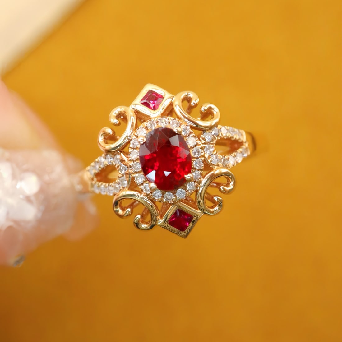 14k Gold 0.60 Ctw Natural Ruby & Ruby Ring: Ref:231134230 // gold content:14k gold // ring size:7. 25us // // main gemstone:ruby // shape:oval // carat weight:0. 53ct // color:red // treatment:natural // // adjacent gemstone 2 : ruby //