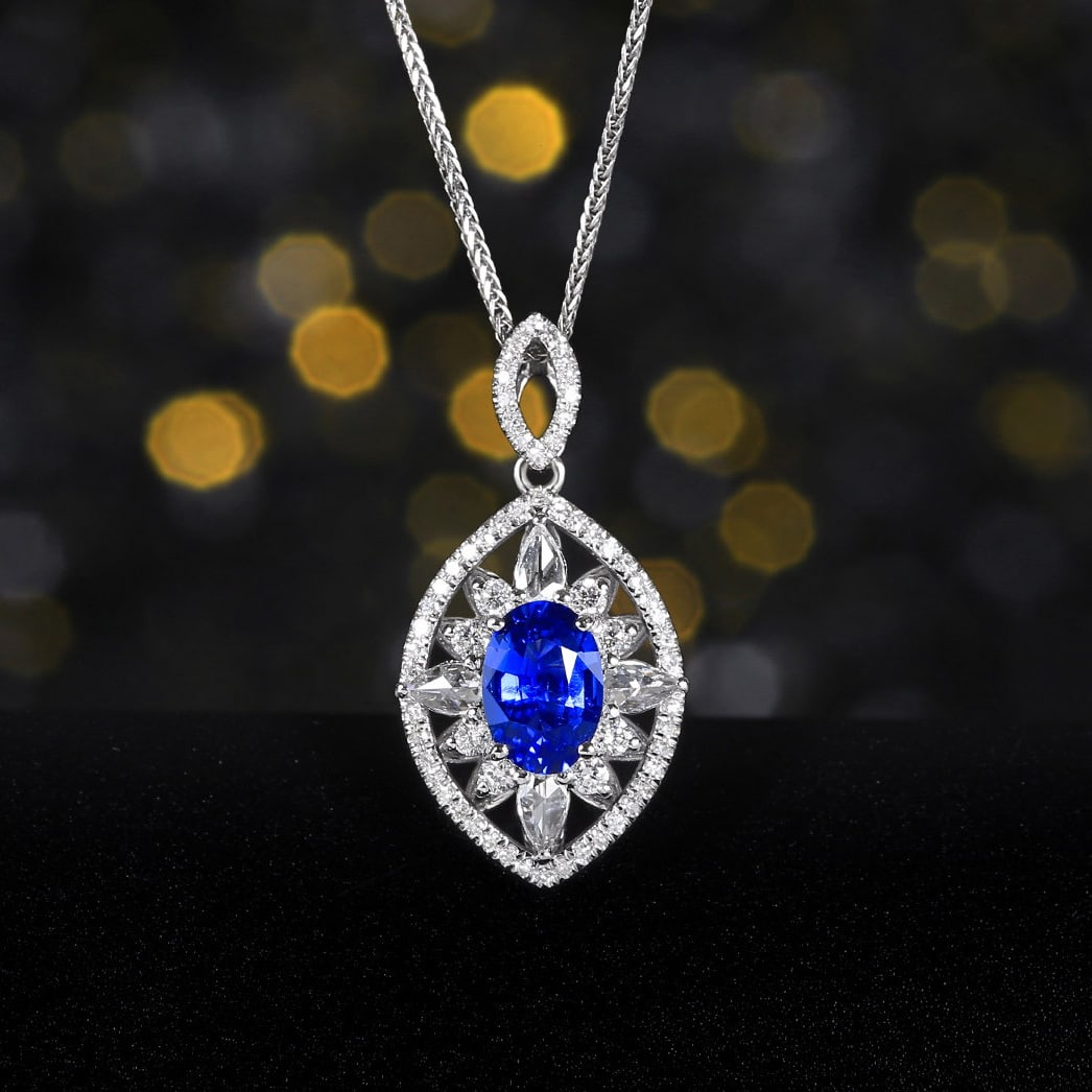 14k Gold 1.53 Ctw Natural Sapphire & Diamond Pendant( Without Chain ): Ref:231134235 // gold content:14k gold // main gemstone:sapphire // shape:oval // carat weight:1. 06ct // color:blue // treatment:natural // // adjacent gemstone 2 : diamond // number of stones:68