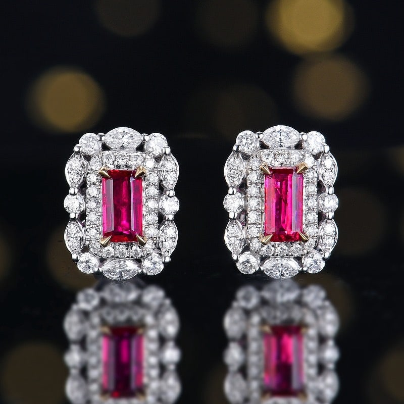 14k Gold 0.98 Ctw Natural Ruby & Diamond Earrings: Ref:231134256 // gold content:14k gold // main gemstone:ruby // shape:octagonal // carat weight:0. 51ct // color:red // treatment:natural // // adjacent gemstone 2 : diamond // number of stones:72 //