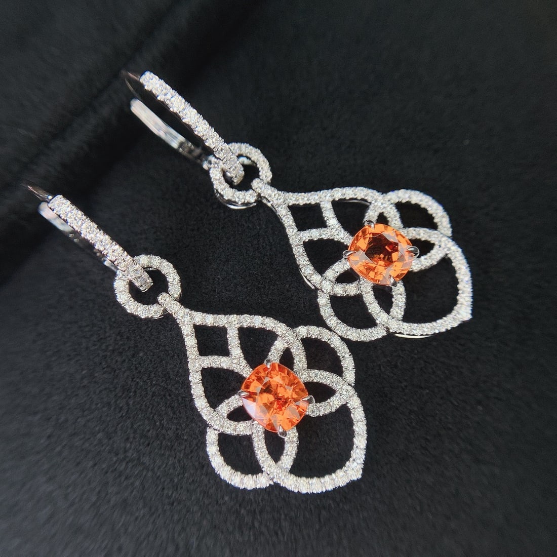 14k Gold 3.78 Ctw Natural Spessartine & Diamond Earrings/pendant( Without Chain ): Ref:231134259 // gold content:14k gold // main gemstone:spessartine // shape:cushion // carat weight:2. 42ct // color:orange // treatment:natural // // adjacent gemstone 2 : diamond // shape:round