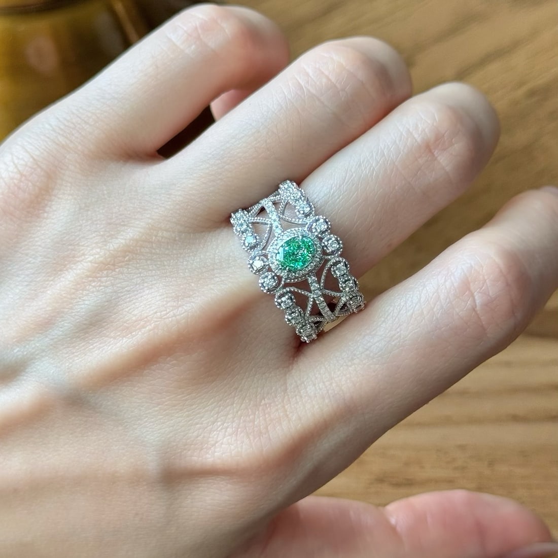 14k Gold 1.08 Ctw Natural Green Diamond & Diamond Ring - 5