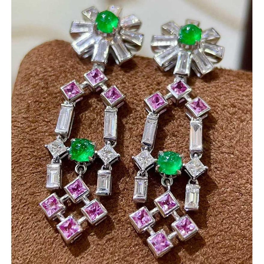 14k Gold 2.26 Ctw Natural Emerald & Sapphire & Diamond Earrings: Ref:231134264 // gold content:14k gold // main gemstone:emerald & sapphire // shape:round & princess // carat weight:1. 0ct // color:green & pink // treatment:natural // cut grade:g // // adjacent gem