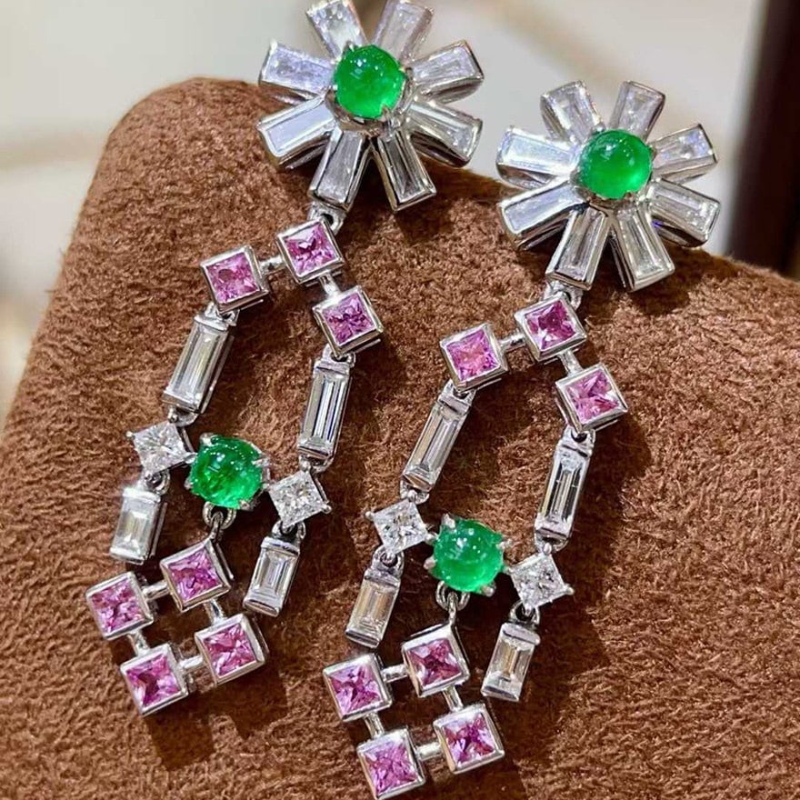 14k Gold 2.26 Ctw Natural Emerald & Sapphire & Diamond Earrings - 2