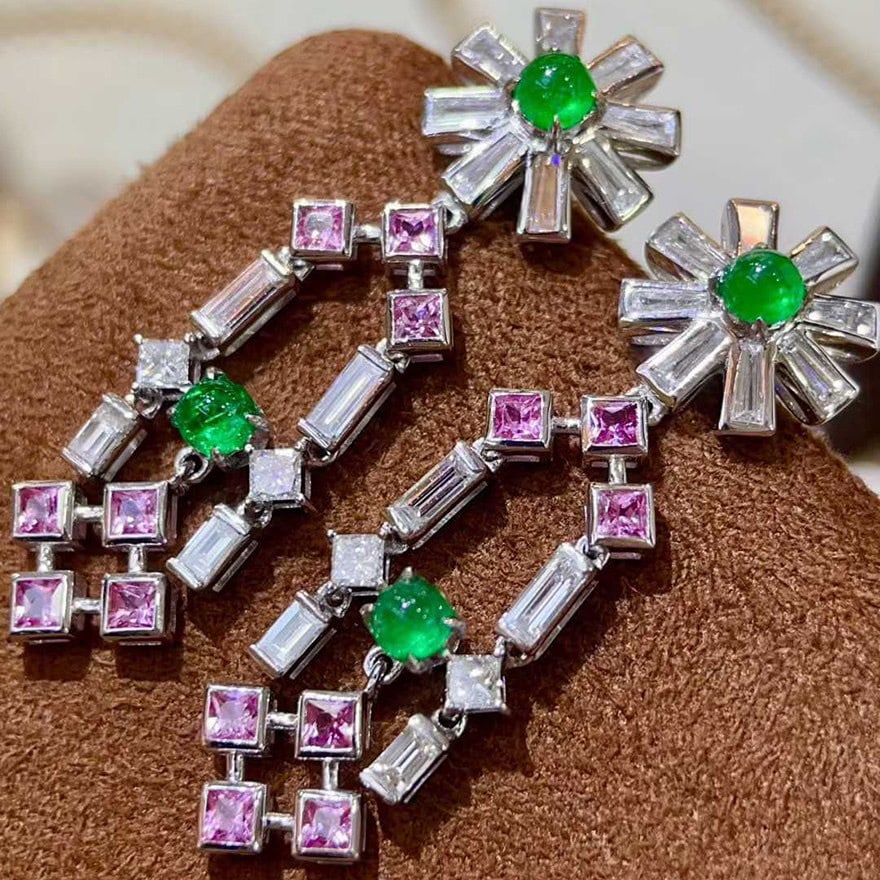 14k Gold 2.26 Ctw Natural Emerald & Sapphire & Diamond Earrings - 3