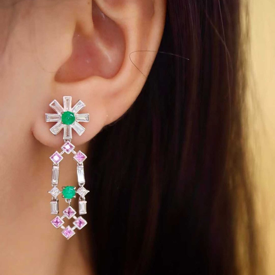 14k Gold 2.26 Ctw Natural Emerald & Sapphire & Diamond Earrings - 4