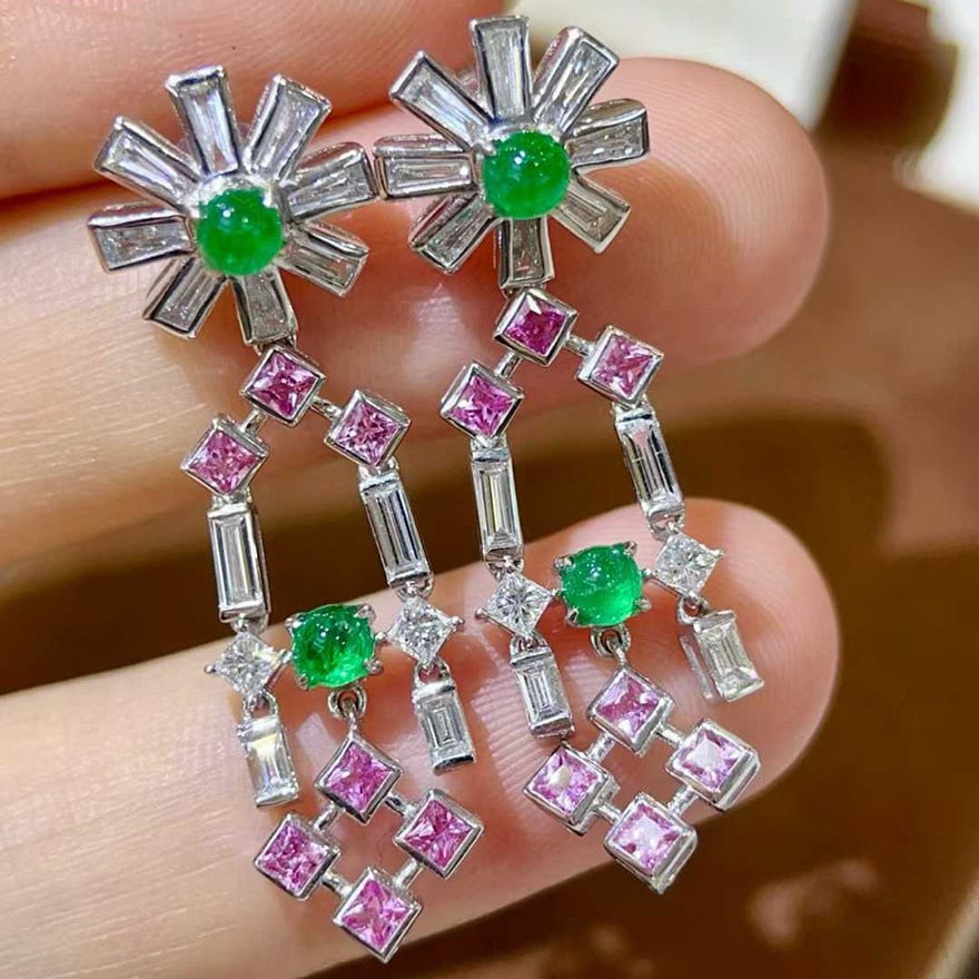 14k Gold 2.26 Ctw Natural Emerald & Sapphire & Diamond Earrings - 5