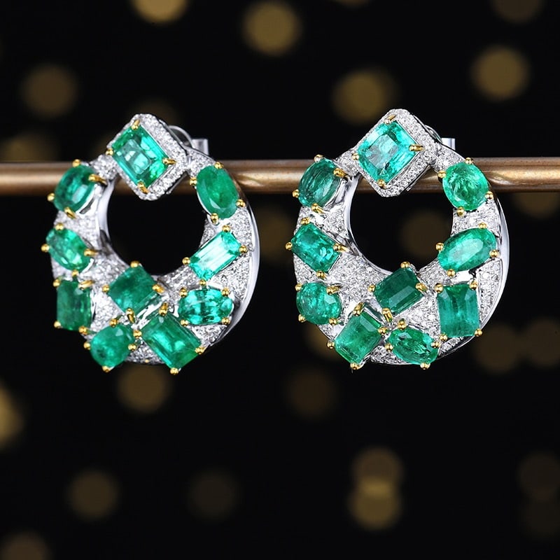 14k Gold 5.41 Ctw Natural Emerald & Diamond Earrings - 2