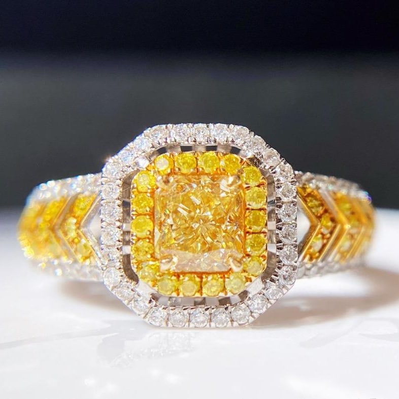 14k Gold 1.17 Ctw Natural Yellow Diamond & Diamond Ring: Ref:231134272 // gold content:14k gold // ring size:7. 25us // // main gemstone:yellow diamond // shape:radiant // carat weight:0. 61ct // color:yellow // treatment:natural // // adjacent gemstone