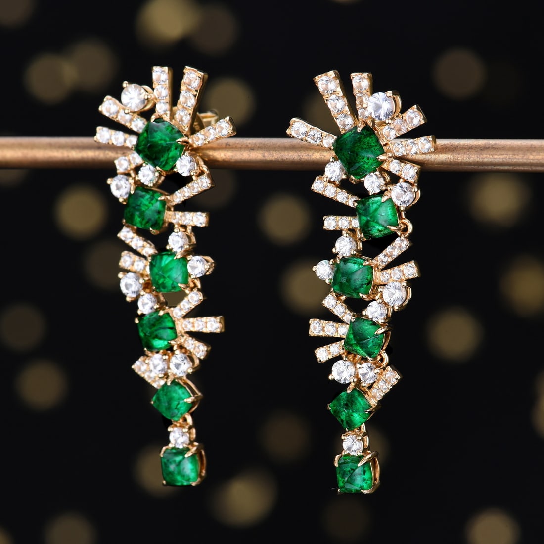 14k Gold 5.20 Ctw Vivid Green Natural Emerald & Sapphire Earrings - 2