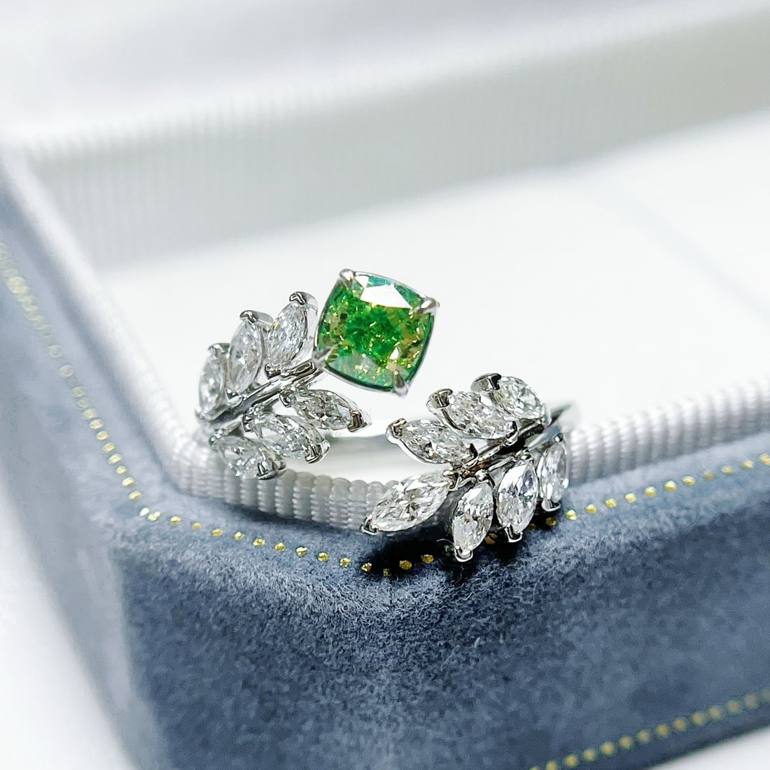 14k Gold 1.08 Ctw Natural Green Diamond & Diamond Ring: Ref:231134278 // gold content:14k gold // ring size:7. 25us // // main gemstone:green diamond // shape:cushion // carat weight:0. 5ct // color:green // treatment:natural // // adjacent gemstone 2