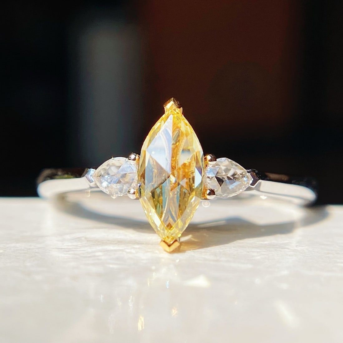 14k Gold 0.59 Ctw Natural Yellow Diamond & Diamond Ring: Ref:231134279 // gold content:14k gold // ring size:7. 25us // // main gemstone:yellow diamond // shape:marquise // carat weight:0. 51ct // color:yellow // treatment:natural // // adjacent