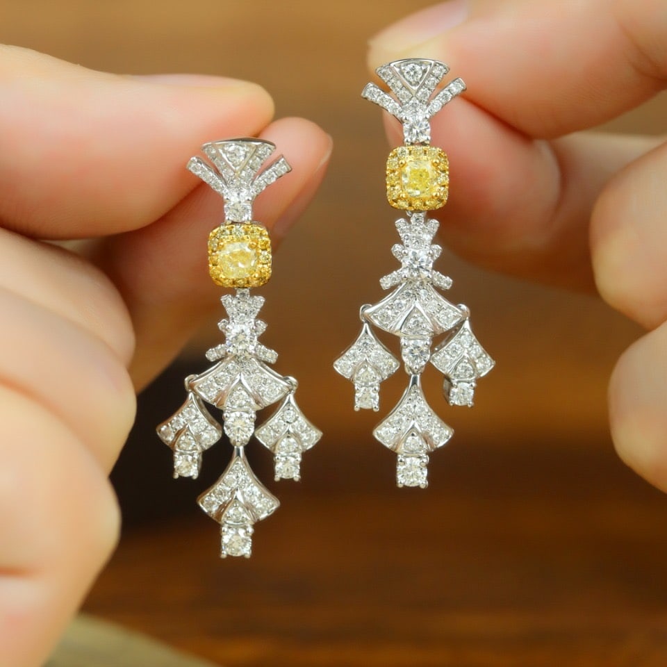 14k Gold 1.71 Ctw Natural Yellow Diamond & Diamond Earrings - 4